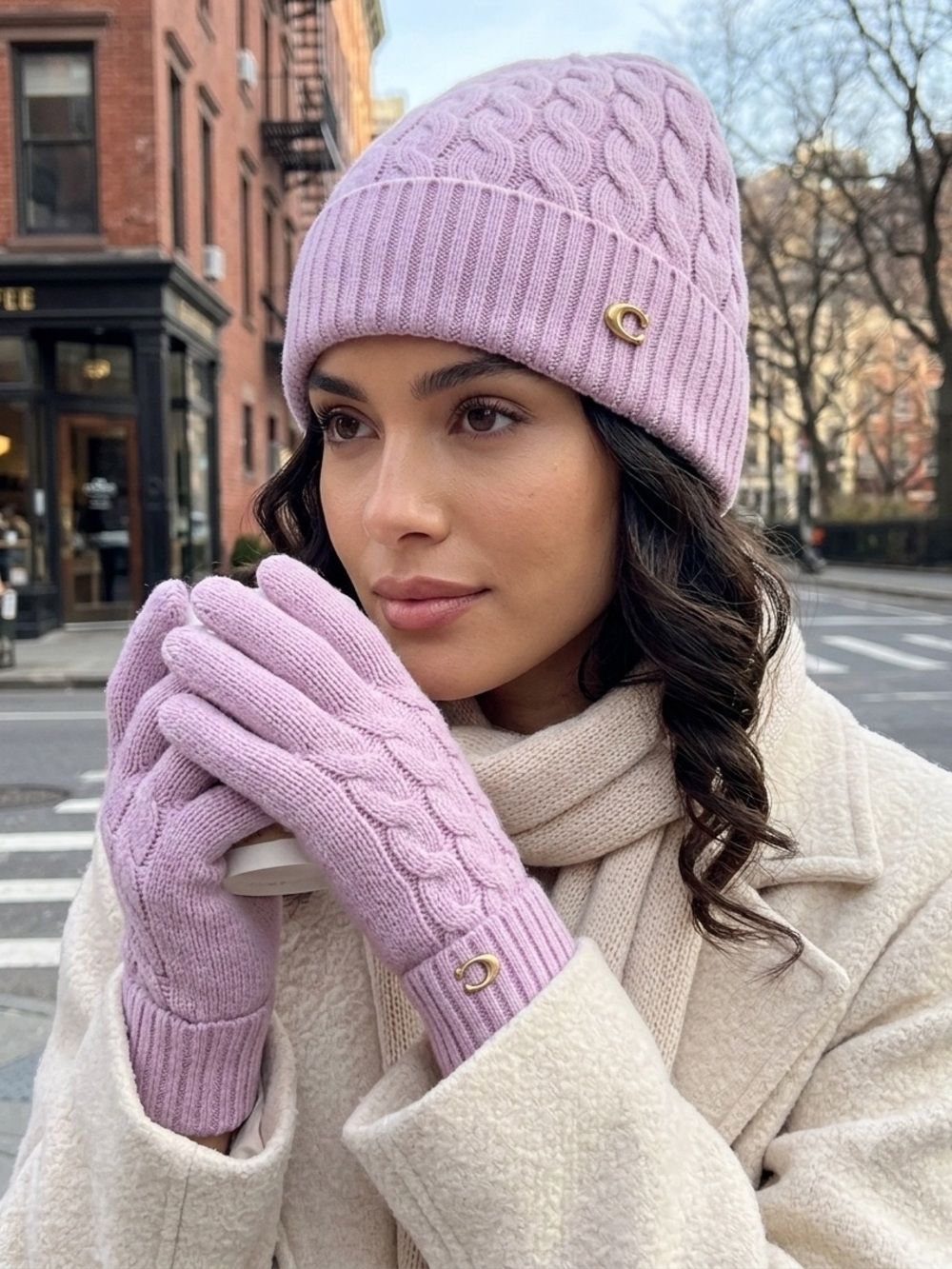 Coach Cable Beanie & Gloves Gift Set NWT